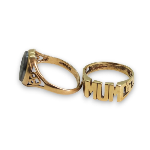 793 - A 9ct gold MUM ring size P1/2, a 9ct gold centurion ring, size approx W (shank snapped) weight combi... 
