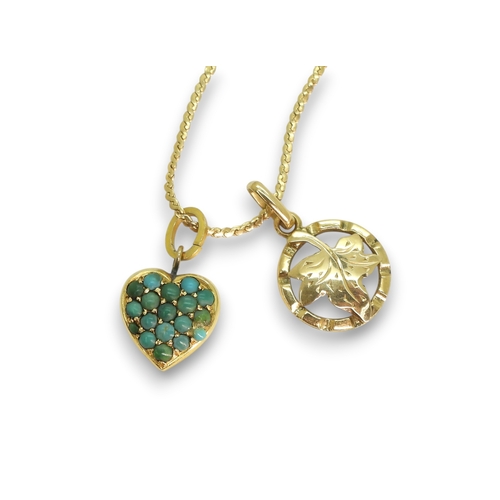 796 - An 18ct gold Italian made 'S' chain, with an 18ct leaf pendant and a bright yellow metal turquoise s... 