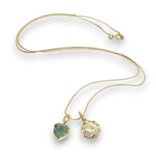 796 - An 18ct gold Italian made 'S' chain, with an 18ct leaf pendant and a bright yellow metal turquoise s... 