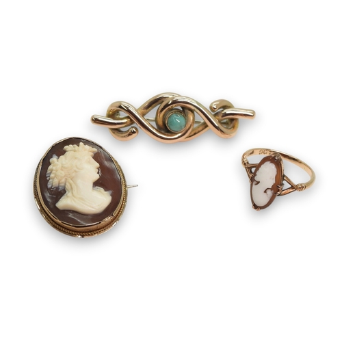 797 - A well carved shell cameo in a yellow metal mount, a similar cameo ring, size L, and a yellow metal ... 