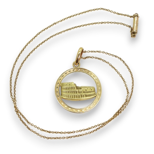 810 - An Italian 18ct gold Colosseum pendant, diameter 2.3cm, weight 2.8gms, on a 9ct gold 41cm chain, wei... 
