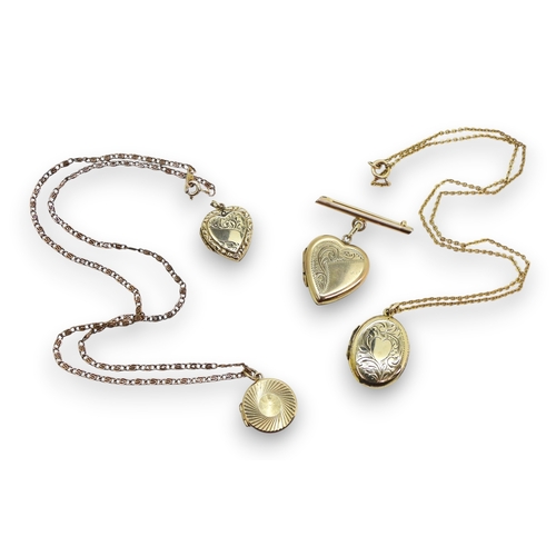 811 - Two 9ct back & Front lockets, weight 6.3gms two gold plated chains one with a 9ct clasp, a yello... 