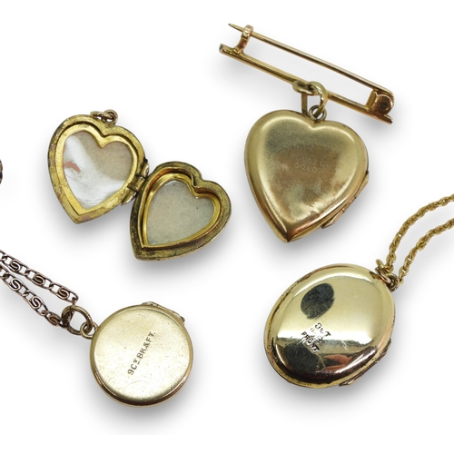 811 - Two 9ct back & Front lockets, weight 6.3gms two gold plated chains one with a 9ct clasp, a yello... 
