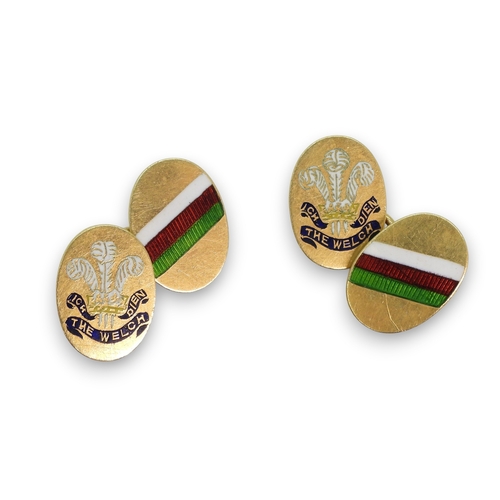 812 - A pair of 'The Royal Welsh' cufflinks with prince of Wales Feathers insignia and mis-spelled 'The We... 