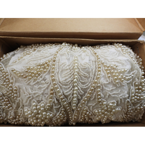 861 - A quantity of vintage heavily beaded net material, a retro diamante collar necklace, faux pearls, au... 