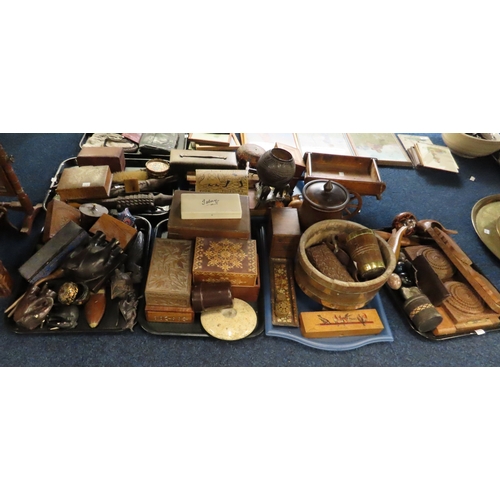 A large collection of wooden items including boxes, a toy cart, brass ...