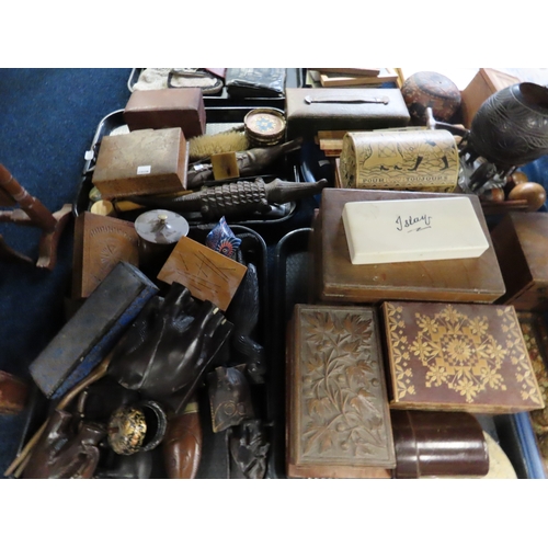 A large collection of wooden items including boxes, a toy cart, brass ...