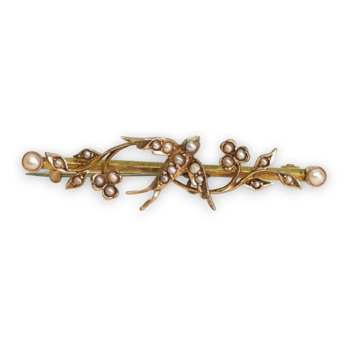 746 - A 9ct gold pearl set swallow bird brooch, length 4.5cm, weight 2.5gms