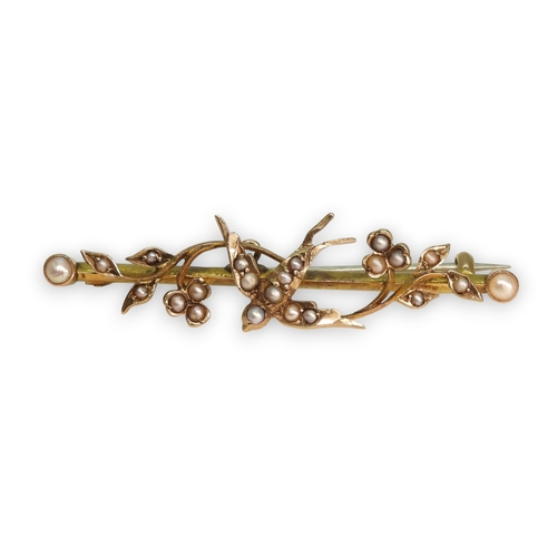 746 - A 9ct gold pearl set swallow bird brooch, length 4.5cm, weight 2.5gms