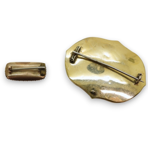 747 - Two Victorian mourning brooches with hair art panels the smaller also set with pearls, gold plated m... 