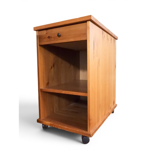 15 - A lot comprising a contemporary stained pine open bookcase with four adjustable shelves on plinth ba... 