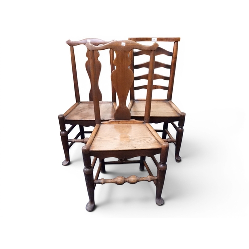 36 - A lot comprising a pair of 19th century elm framed hall chairs with fret cut splats over plain seats... 