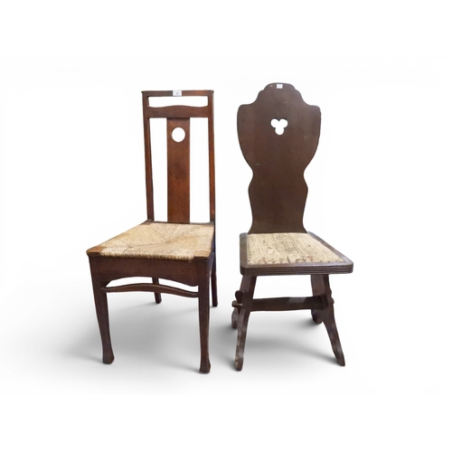 39 - A lot comprising a late 19th century oak Arts & Crafts style chair with pierced splat over rushe... 