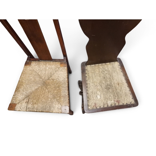 39 - A lot comprising a late 19th century oak Arts & Crafts style chair with pierced splat over rushe... 