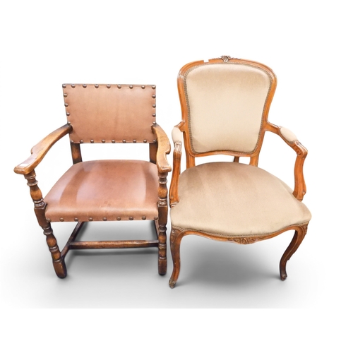 40 - A lot comprising a 20th century walnut framed Louis XVI style open armchair with beige upholstered b... 