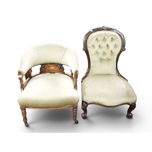 42 - A lot comprising a Victorian mahogany framed green velour button back upholstered nursing chair on s... 