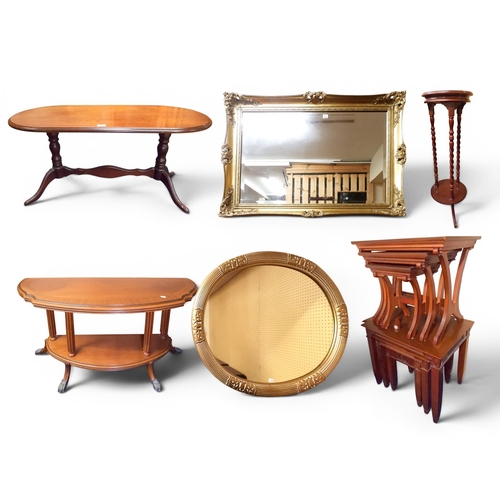 52 - A mixed lot to include bow front two tier hall table, circular two tier plant stand, mahogany twin p... 
