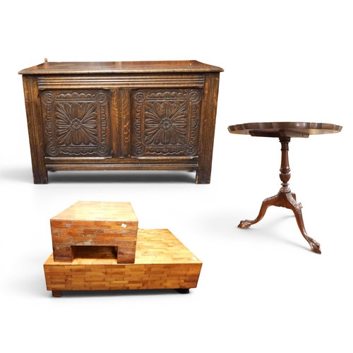 55 - A lot comprising an oak carved panel front blanket chest, 57cm high x 89cm wide x 45cm deep, 20th ce... 