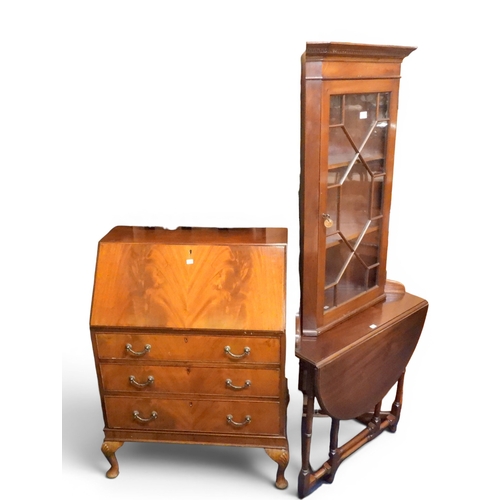56 - A lot comprising a mahogany fall front writing bureau on cabriole supports, 107cm high x 80cm wide x... 