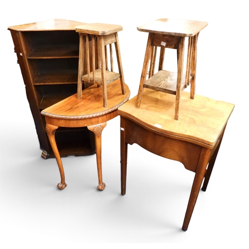59 - A mixed lot to include oak corner bookcase with five open shelves, mahogany veneered demilune hall t... 