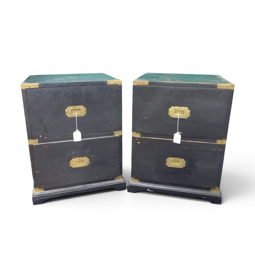 7 - A pair of late 19th century ebonised brass bound campaign style two drawer bedside chests with brass... 