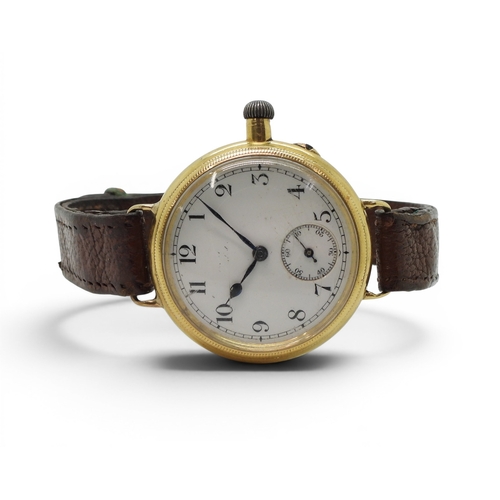 704 - A bright yellow metal, wristwatch with a monocock case, on a brown leather strap, diameter 3.3cm,&nb... 