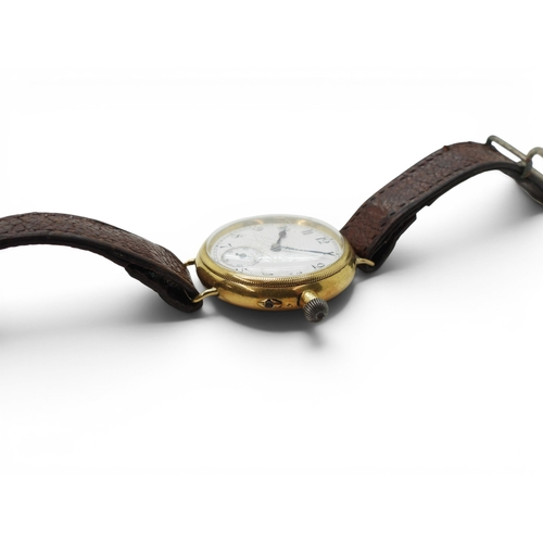704 - A bright yellow metal, wristwatch with a monocock case, on a brown leather strap, diameter 3.3cm,&nb... 