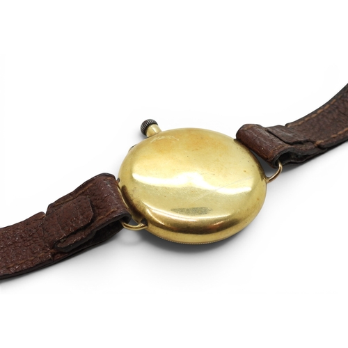 704 - A bright yellow metal, wristwatch with a monocock case, on a brown leather strap, diameter 3.3cm,&nb... 