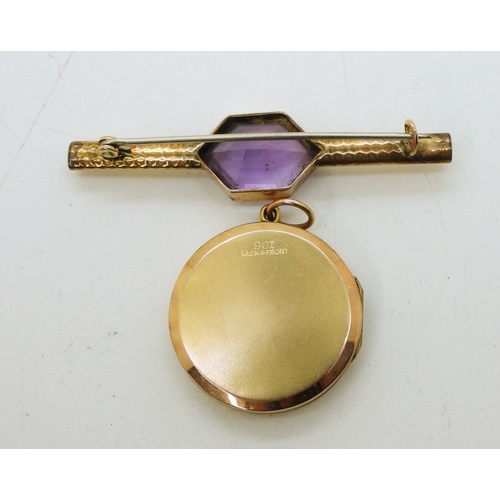 706 - A 9ct gold bar brooch set with a fancy cut amethyst, together with a 9ct back & front gem set lo... 