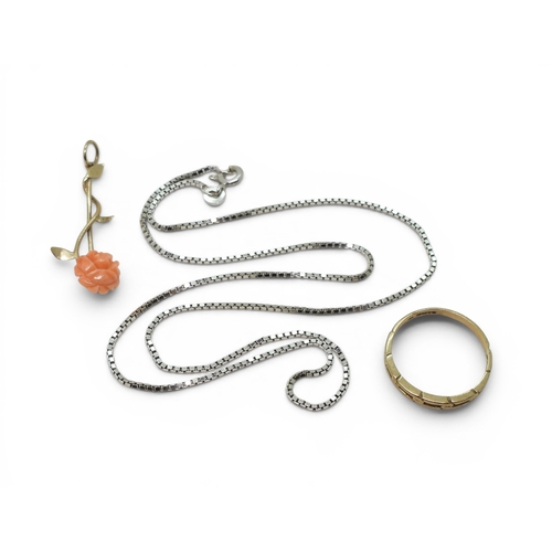 709 - An 18ct white gold 42cm box chain, weight 4gms, a 9ct gold coral rose pendant, and a 9ct chain link ... 