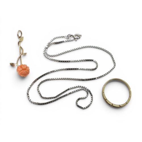 709 - An 18ct white gold 42cm box chain, weight 4gms, a 9ct gold coral rose pendant, and a 9ct chain link ... 