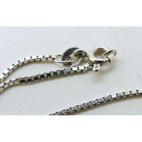 709 - An 18ct white gold 42cm box chain, weight 4gms, a 9ct gold coral rose pendant, and a 9ct chain link ... 