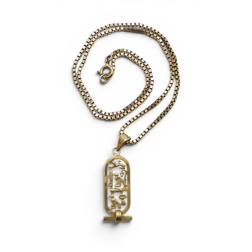 713 - An Arabic gold Egyptian hieroglyph pendant weight 2.4gms, a 9ct gold 38cm box chain, weight 4.9gms