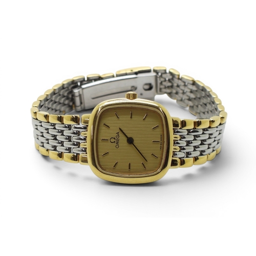 714 - A gold plated ladies Omega Deville, with striped gold coloured dial and baton numerals and hands.