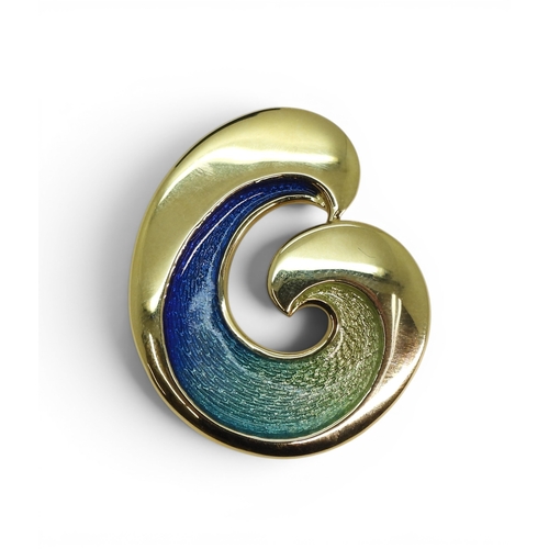 719 - An 18ct gold and enamel Sheila Fleet 'Wave' pendant, length 3.5cm, weight 16.8gms