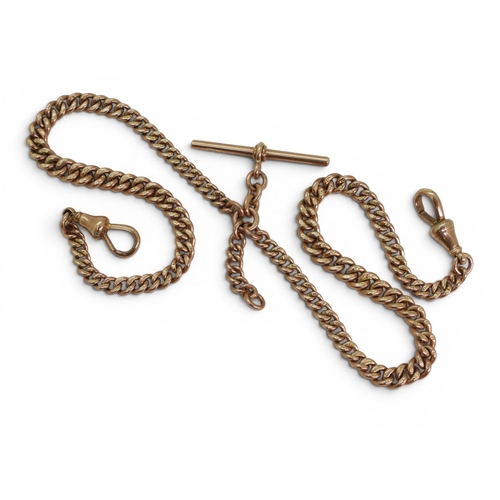 721 - A 9ct gold double tapered fob chain, hallmarked to every link, the lobster claw clasps and the 'T' b... 