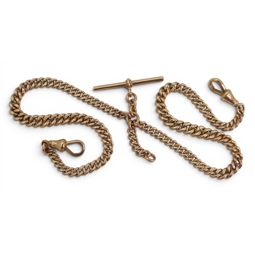 721 - A 9ct gold double tapered fob chain, hallmarked to every link, the lobster claw clasps and the 'T' b... 