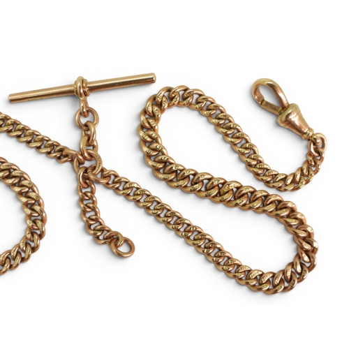 721 - A 9ct gold double tapered fob chain, hallmarked to every link, the lobster claw clasps and the 'T' b... 