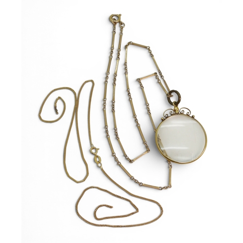 722 - A yellow metal fancy baton chain, with a yellow metal photo locket (bail link not gold) together wit... 
