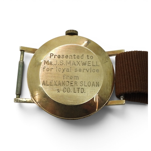 726 - A 9ct gold Avia gents wristwatch with brown fabric strap, diameter 3.3cm, weight of watch head inclu... 