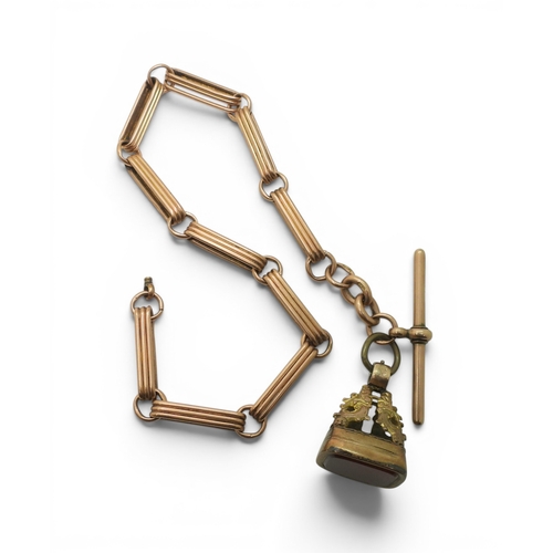 728 - A 9ct rose gold fancy baton link fob chain, hallmarked to the 'T' bar and end links, length 30cm, wi... 