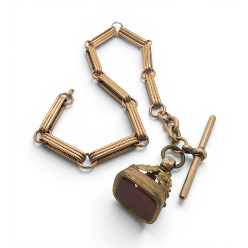 728 - A 9ct rose gold fancy baton link fob chain, hallmarked to the 'T' bar and end links, length 30cm, wi... 
