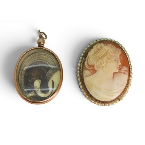 745 - A 9ct rose gold glazed double sided locket with hair art, weight 10.4gms, together with a gold plate... 