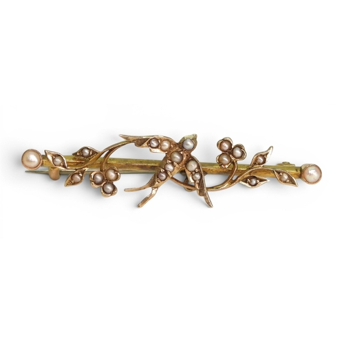 746 - A 9ct gold pearl set swallow bird brooch, length 4.5cm, weight 2.5gms