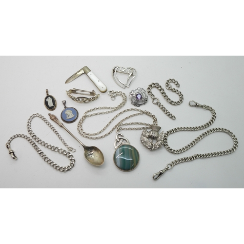 882 - Two silver fob chains, a silver Apostle spoon, Scottish themed brooches to include Thomas Kerr Ebbut... 