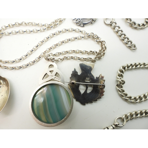 882 - Two silver fob chains, a silver Apostle spoon, Scottish themed brooches to include Thomas Kerr Ebbut... 