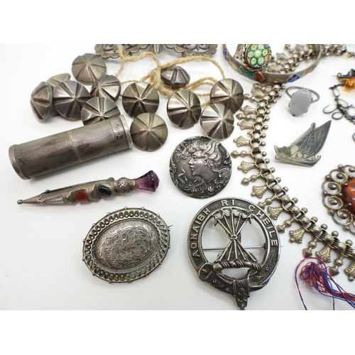 884 - A silver Caithness ring, A large silver butterfly shaped buckle, a collection of carved scarabs, a w... 