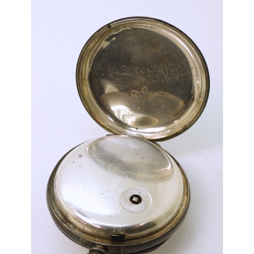 887 - A silver open face pocket watch hallmarked Chester 1882, a silver green and clear paste set brooch, ... 