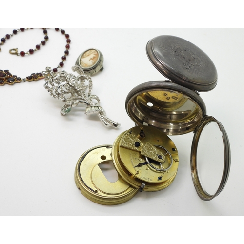 887 - A silver open face pocket watch hallmarked Chester 1882, a silver green and clear paste set brooch, ... 