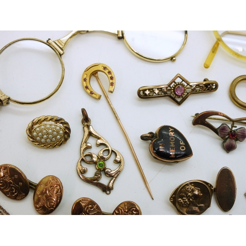 888 - A fun collection of gold plated, bonded and rolled gold items to include a snake tie slide, a horses... 